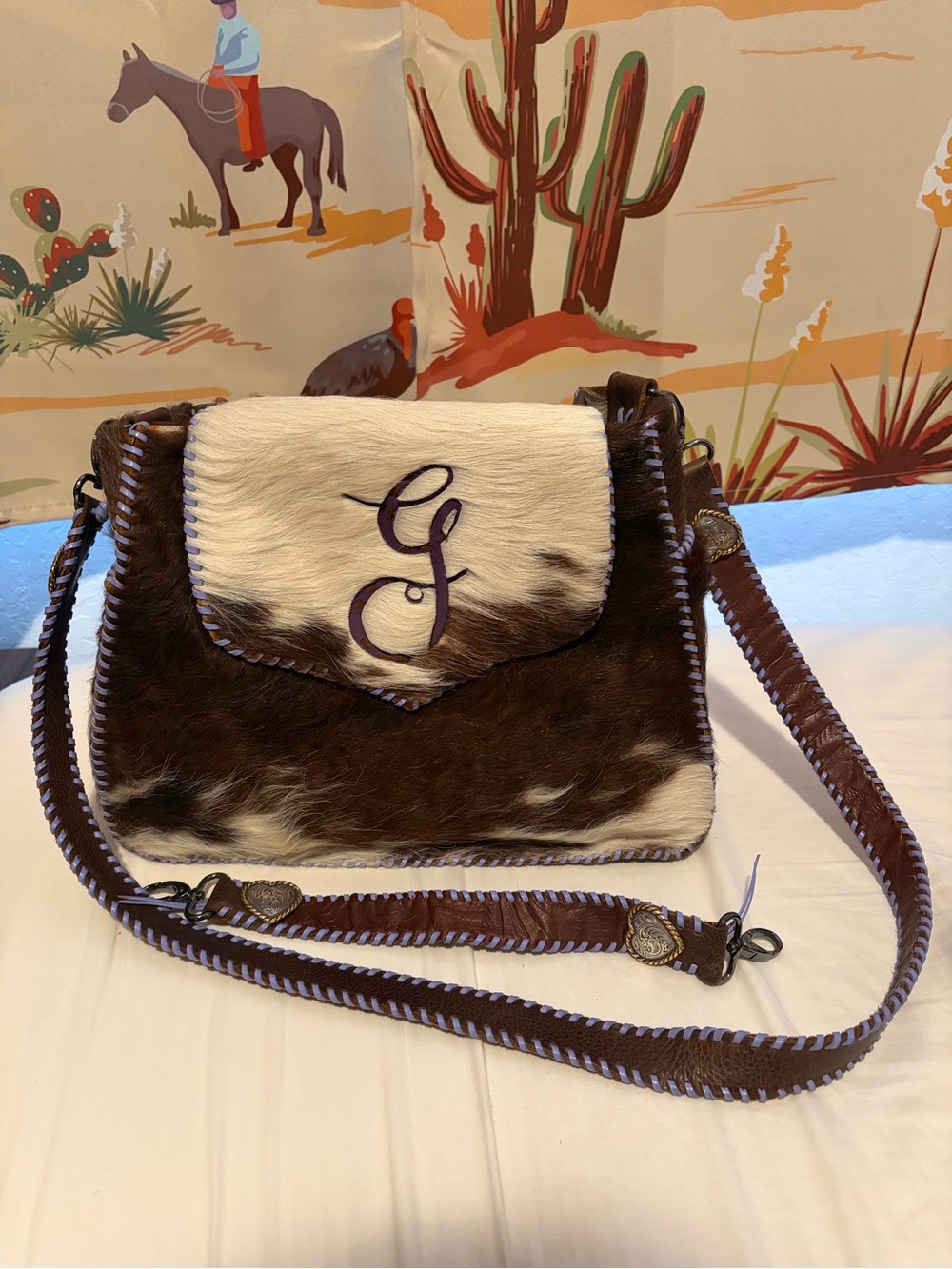 Brown & White Hair-On Leather Crossbody Bag with Monogram Accent